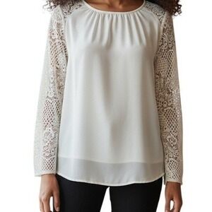 CACHE Bright White Lace Sleeve Tulip Back Blouse NWT $88 Size Small